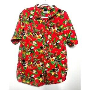 Disney Shirt Mens XL Red Hawaiian Mickey Mouse Floral Button Up
